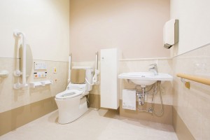 清潔な浴室・トイレ設備。洋式便器と洗面台が整備された介護施設のバスルーム